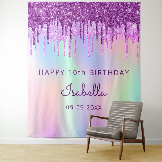 10e verjaardag paarse roze glinsterende holografis wandkleed (In situ)