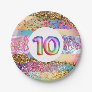 10e verjaardag regenbooglitter kleurrijke partij papieren bordje