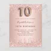 10e verjaardag roos goud glitter druppelt roze gla uitnodiging briefkaart (Voorkant)