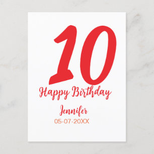 10e verjaardag voeg naam datum jaar rode sjabloon  briefkaart