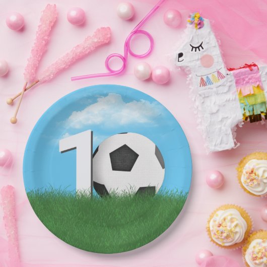 10e verjaardag Voetbal in Green Grass Papieren Bordje (Feest)