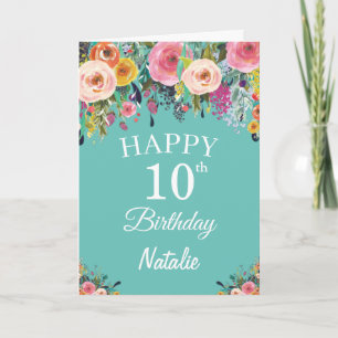 10e verjaardag waterverf bloem bloemen turquoise kaart