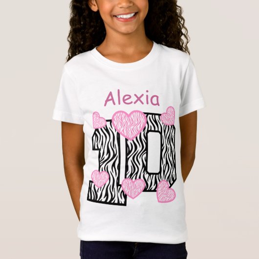 10e verjaardag Zebra roze harten Aangepaste naam 3 T-shirt (Voorkant)