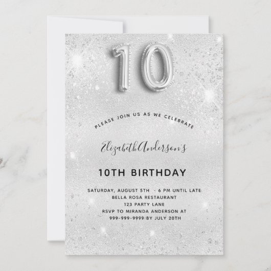10e verjaardag zilveren glitter kaart (Voorkant)