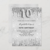 10e verjaardag zilveren glitter meisje uitnodiging briefkaart (Voorkant / Achterkant)