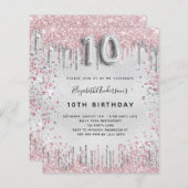 10e verjaardag zilveren roze glitter uitnodiging (Voorkant / Achterkant)