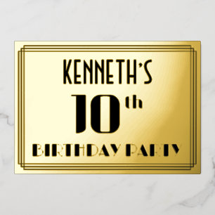 10e verjaardagsfeestje: Art Deco-look “10” en naam Folie Uitnodiging