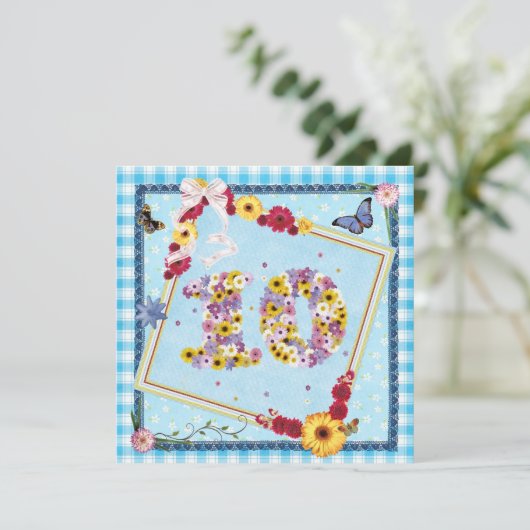 10e verjaardagsfeestje Uitnodiging bloemen, vlinde (Staand voorkant)