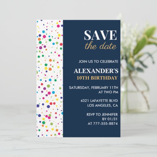10e verjaardagsuitnodiging Bewaar de datum Confett Kaart (Staand voorkant)