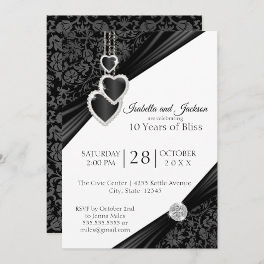 10e zwarte onyx-hartontwerp-Jubileum Kaart (Voorkant / Achterkant)