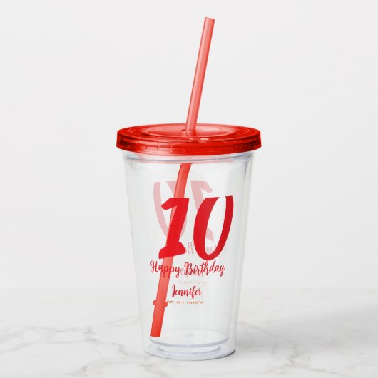10th Birthday Naam toevoegen Datum Jaar Rode sjabl Acryl Drinkbeker (Achterkant)