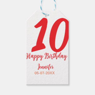 10th Birthday Naam toevoegen Datum Jaar Rode sjabl Cadeaulabel