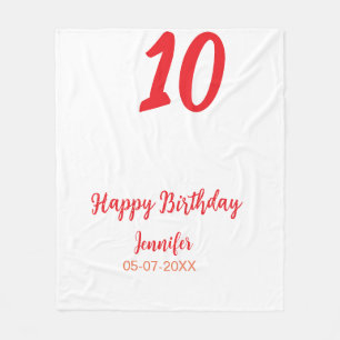 10th Birthday Naam toevoegen Datum Jaar Rode sjabl Fleece Deken
