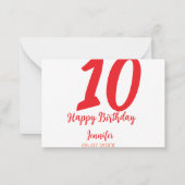 10th Birthday Naam toevoegen Datum Jaar Rode sjabl Notitiekaartje (Achterkant)