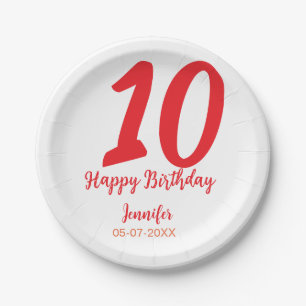 10th Birthday Naam toevoegen Datum Jaar Rode sjabl Papieren Bordje