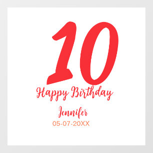 10th Birthday Naam toevoegen Datum Jaar Rode sjabl Raamsticker