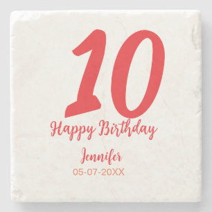 10th Birthday Naam toevoegen Datum Jaar Rode sjabl Stenen Onderzetter