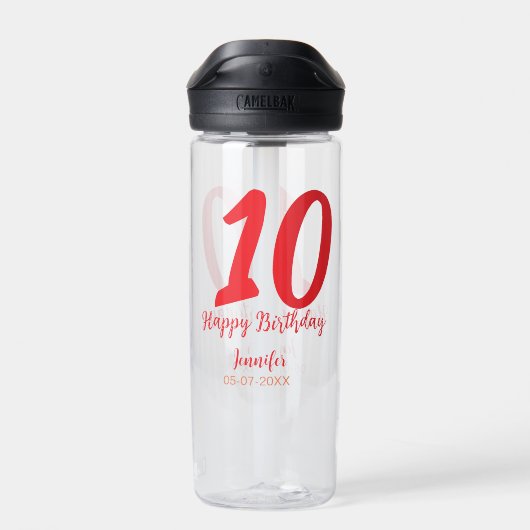 10th Birthday Naam toevoegen Datum Jaar Rode sjabl Waterfles (Achterkant)