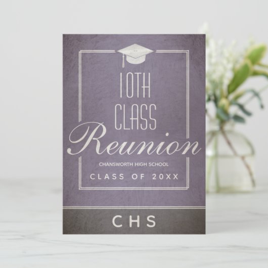 10th Class Reunion Elegant Script Paarse Zwart Kaart (Staand voorkant)