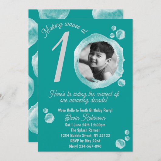 10th Ocean Teal Bubble Birthday Party Invitation (Devant / Derrière)