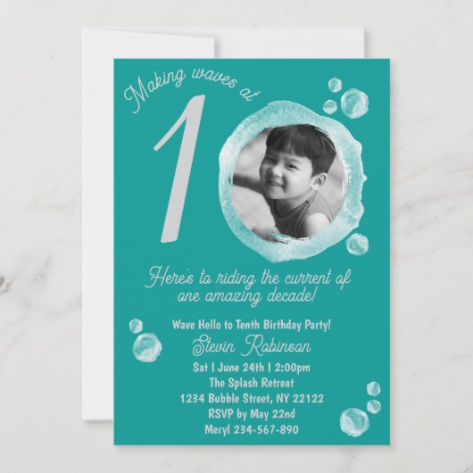 10th Ocean Teal Bubble Birthday Party Invitation Kaart (Voorkant)