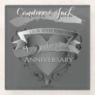 10th Tin Wedding Jubileum Heart Emblem Onderzetter