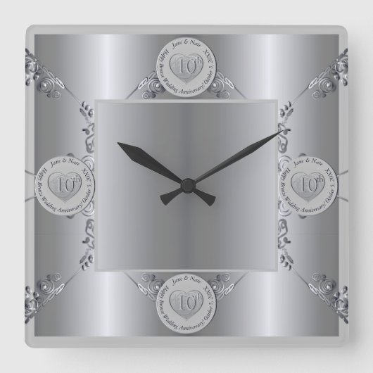 10th Tin Wedding Jubileum Wall Clock Vierkante Klok (Voorkant)