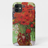 Coque iphone rouge de pavots et de marguerites de