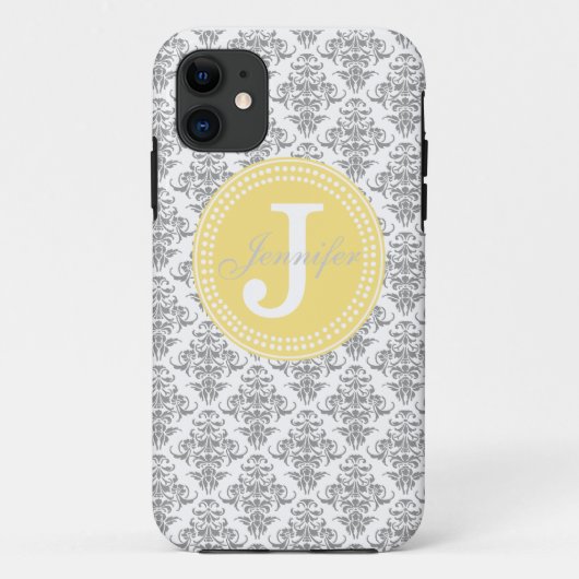 11 Damassé grise et coque iphone jaune de monogramme (Dos)