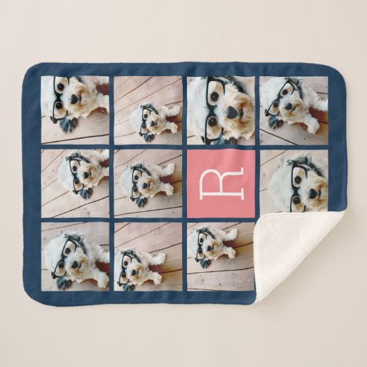 11 Foto Collage en Big Monogram blauwe perzik Sherpa Deken (Voorkant (horizontaal))