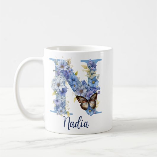11 oz Mug à café bleu floral monogrammé (Gauche)