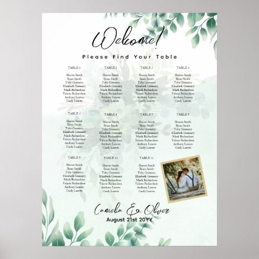 11 Tabel Greenery PHOTO Seating Chart Welcome Poster (Voorkant)