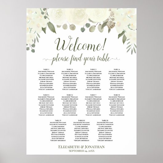 11 Tabel Ivory White Roses Wedding Seating Chart Poster (Voorkant)