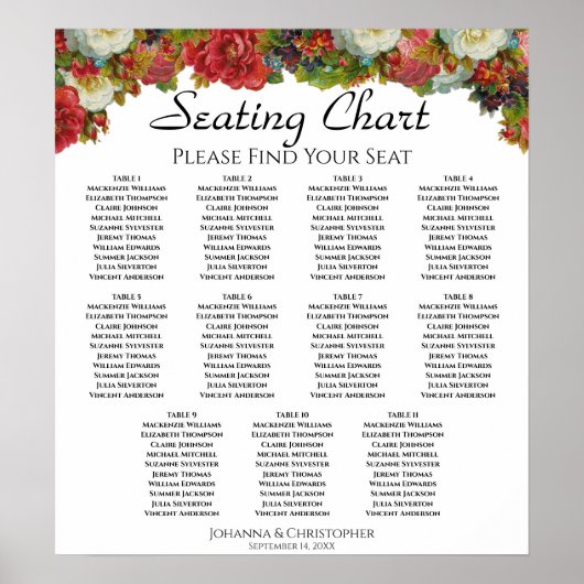 11 Tabel Rode Herfst Rozen Wedding Seating Chart Poster (Voorkant)