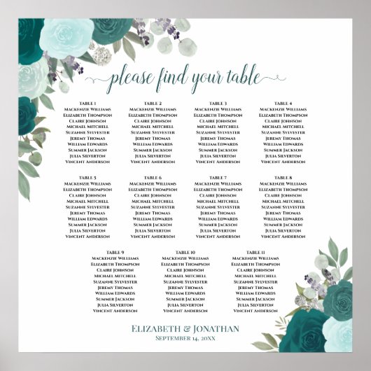11 Tafel Elegante Blauwgroen Rozen Bruiloft Zitkaa Poster (Voorkant)