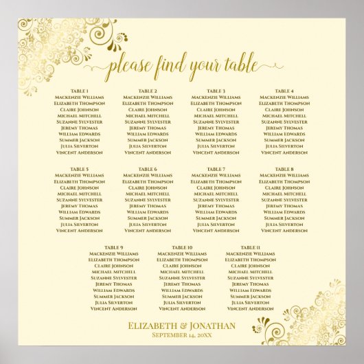 11 Tafel Gold Lace Wedding Seating Chart Cream Poster (Voorkant)