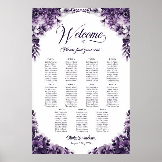 11 Tafel Paarse Bloemenbruiloft Zitkaarten Poster (Voorkant)