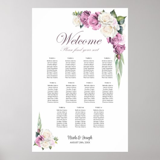 11 Tafel Roze Witte Roos Bloemen Zitting Grafiek Poster (Voorkant)