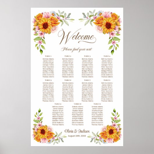 11 Tafel Zonnebloem Roos Trouwstoelkaart Poster (Voorkant)