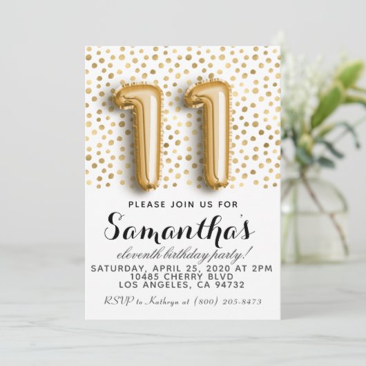 11e anniversaire Gold Polkadot Invitation (Debout devant)