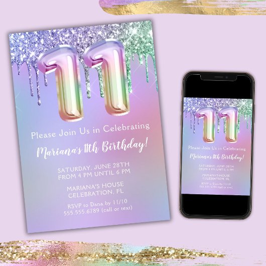 11e anniversaire Invitation fête rose violet Parti