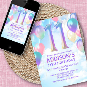 11e anniversaire Rainbow Balloons Invitation