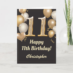 11e Birthday Black en Gold Balloons Confetti Kaart