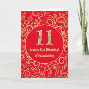 11e Birthday Red en Gold Floral Pattern Kaart