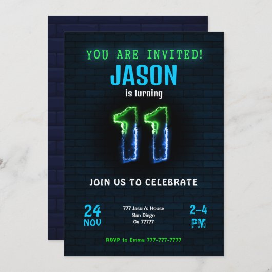 11e Invitation d'anniversaire de garçon (Devant / Derrière)