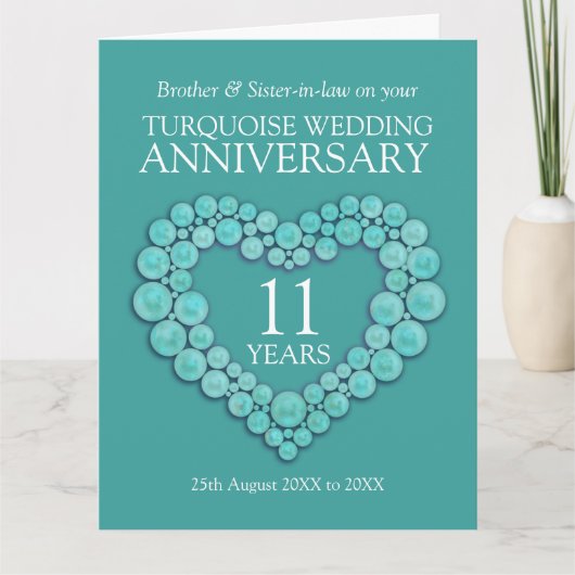 11e turkooise trouwdag hartkaart kaart (Voorkant)