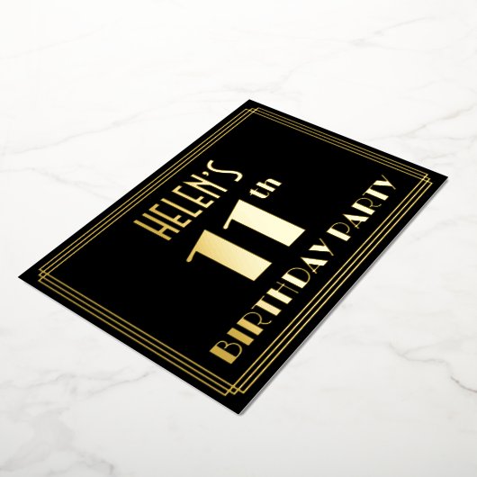 11e verjaardag: Art Deco Kijk "11", met naam Folie Uitnodiging (Gedraaid)