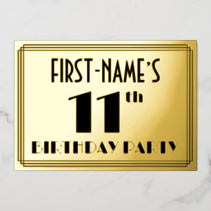 11e verjaardag — Art Deco Kijk "11" + Naam Folie Uitnodiging