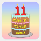11e verjaardag: Fun Cake and Candles + Custom Name Vierkante Sticker (Voorkant)