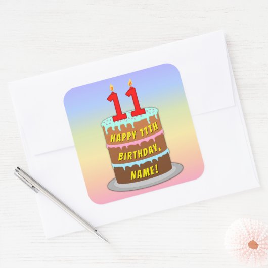11e verjaardag: Fun Cake and Candles + Custom Name Vierkante Sticker (Envelop)